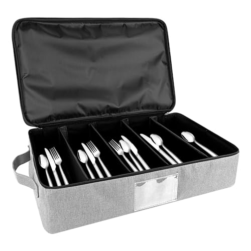 Kingshion Flatware Storage Case-5 Compartment Silverware Storage Container Box with Removable Lid and Easy to Carry Handles,Cutlery Storage Holder with Zipper Lid for Organizing Cutlery - Light Gray
