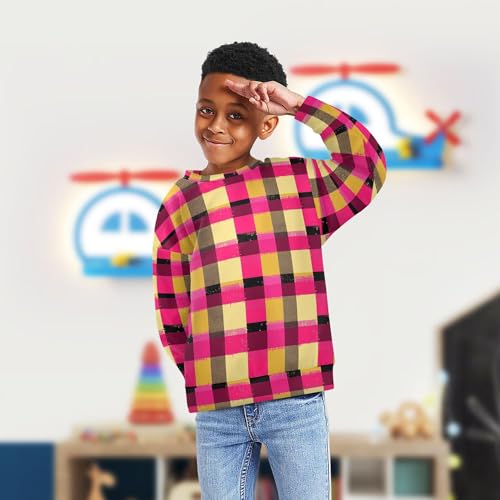 JUNZAN Buffalo Plaid Check Hot Pink Gold Big Boys Sweatshirt Hoodie Long Sleeve Kids Hoodies Boys Sports 4T4