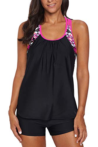 REKITA Women's Swimsuits Color Block Tankini Top Boyshort Swimwear