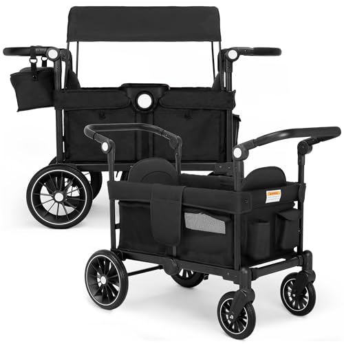 Image of TODEFULL Wagon Stroller for 2 Kids, All-Terrain Stroller Wagon, Foldable Kids Wagon Cart Featuring with Harnesses, Adjustable Double Push Handle, Removable Canopy, Snack Tray, Large Storage Bag, Black
