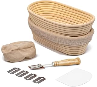 MIUTME 2 Pack Oval Bread Proofing Baskets ,10 Inch Proving Basket Hold 500g Natural Rattan Banneton Basket for Professional Home Bakers(with Cloth Liner Dough Scraper Bread Lame)