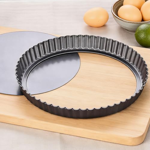 KUAYB 10 Inch Nonstick Tart Pan with Removable Bottom Carbon Steel Quiche and Pie Pan- 1.1-Inch Depth Fluted Edges for Baking Tarts Quiches Mousse Cakes and Desserts