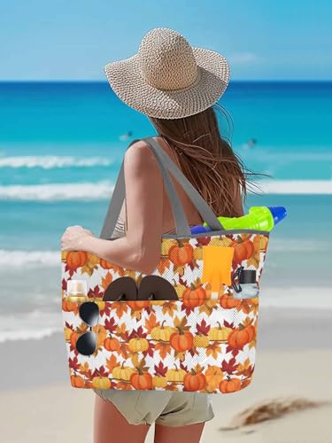 Mesh Beach Bag Oversized Tote Bags for Women Thanksgiving Pumpkin Fall Orange Maple Leaf Large Travel Pool Bags3