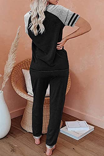 Image of PRETTYGARDEN Women's Two Piece Outfits Striped Short Sleeve Pullover and Long Pants Tracksuit Pajama Lounge Jogger Sets