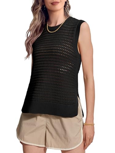 Image of SuperPrity Women's Sweater Vest Sleeveless Crochet Sheer Knit Sweater Tank Casual See Through Crewneck Sweater