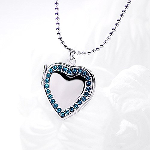 Blue CZ Birthstone Photo Locket Love Heart Locket Necklace Pendant Charm Living Memory Locket Gold Plated