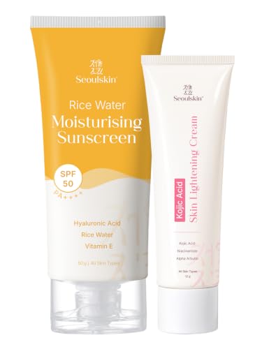 Image of Seoulskin Kojic Acid Cream & Rice Water Sunscreen Combo | Skin Brightening Moisturizer with Niacinamide & Alpha Arbutin + SPF 50 PA++++ Broad Spectrum Sunscreen | Hydrating, Lightweight & No White Cast Formula | For Glowing Skin | Men & Women