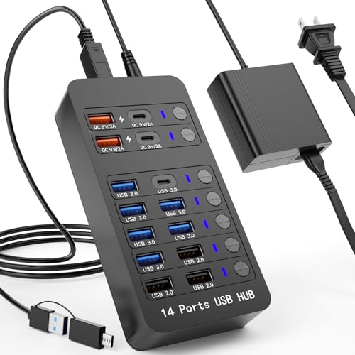 Hub USB alimenté 14 ports avec 6 ports USB 3.0 et charge PD 60W pour MacBook