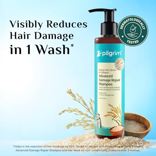 Image of Pilgrim Korean Rice Water & Collagen Advanced Damage Repair Shampoo - 200ml (Pack of 3) | with 17 Amino Acids, Wheat Protein & 5 Ceramides | Paraben-Free | For Dry & Damaged Hair | For Women and Men