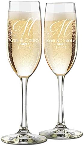 Custom Wedding Champagne Flutes- Set of 2 – Single Initial Elegant Monogram, Bride and Groom First Names with Wedding Date – Personalized for Bride and Groom - Customized Engraved Wedding Gift