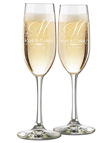 Custom Wedding Champagne Flutes- Set Of 2 – Single Initial Elegant Monogram, Bride And Groom First Names With Wedding Date – Personalized For Bride And Groom - Customized Engraved Wedding Gift #TOP3