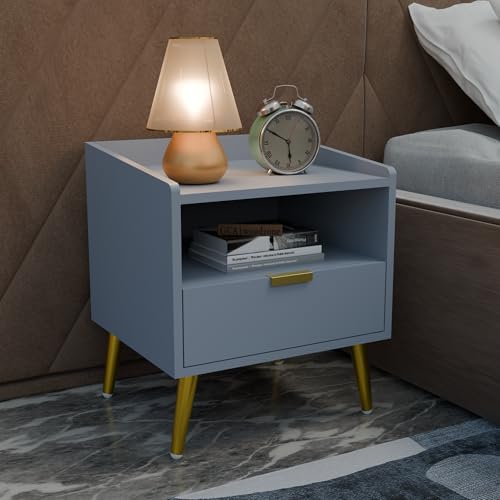 Image of Wooden Bedside Table for Bedroom | Wooden Bed Side Nightstand Lamp Table with 1 Drawers & Open Shelf Storage for Home & Hotels | HDMR Wood & Iron Legs, Matte Slate Blue | Pack of 2