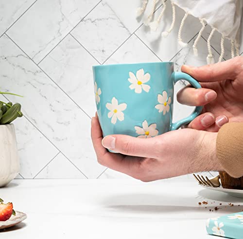 Eccolo Daisies Ceramic Coffee Mug, White And Blue Floral Handpainted Stoneware Tea Cup With Handles Is Microwave, Dishwasher Safe, Medium Size Hot Drinking Cup - 16 Oz 473 Ml #TOP5