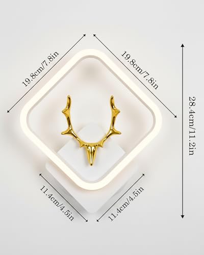 Image of Homesake LED Wall Lamp for Living Room Bedroom, Modern Golden Deer Decorative Wall Light, Warm White Indoor Designer Home Decor Light, Stag Face, Square Frame, (White, Square)