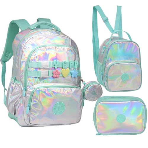 Kit Mochila De Costas Escolar Juvenil 18” Efeito Holográfico Squad Feminina Luxo Com Lancheira Térmica E Estojo (VERDE)