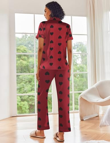 Image of Ekouaer 2 Piece Satin Short Sleeve Pajamas Set Button Down Sleepwear | Soft Pjs Set Classic Loungewear for Wedding, Party, Home, Daily Wear, Date Nights