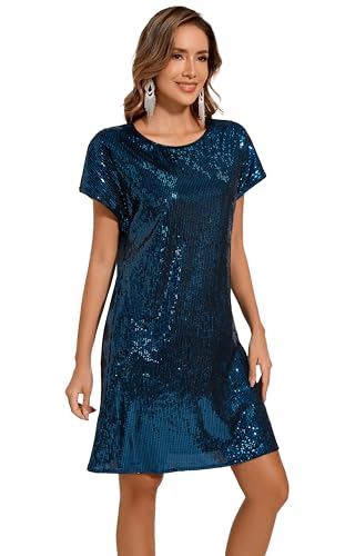 Image of Women's Crewneck Sequin Shift Dress Short Sleeve Casual Holiday Sparkly Party Dress