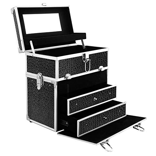 Embellir Portable Cosmetic Beauty Makeup Carry Case with Mirror, Crocodile Black