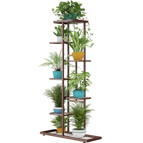 LINZINAR Plant Stand Metal 7 Tier 8 Potted Multiple Flower Pot Holder Shelf Indoor Outdoor Planter Display Shelving Unit for Patio Garden Corner Balcony Living Room, Bronze
