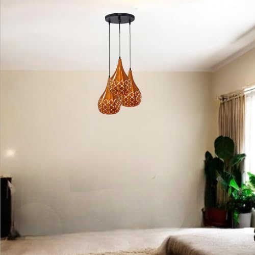 Image of GreyWings 3 Light Hanging Light for Home, Orange Aluminium Pendant Light with E27 Holder | Designer Ceiling Hanging Lamp for,Bulb Not Included, Cluster Set