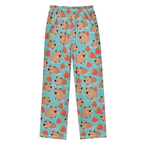 Pajama Pants Sleep Pants Soft Elastic Waist Pajama Lounge Pants Red Strawberry Cute Capybara for 6-14 Years Old2
