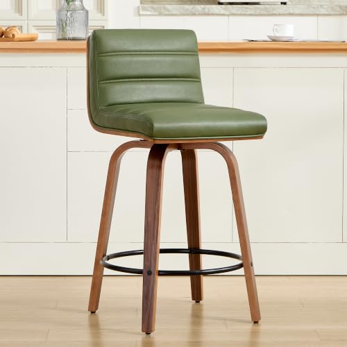 Image of Swivel Bar Stools Set of 1,26 inch Faux Leather Counter Height Barstools with Back,Mid Century Modern Upholstered Bar Chairs with Bentwood Legs Island Stools for Kitchen Counter Green