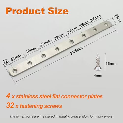 ZHYOPING Set of 4 Stainless Steel Flat Brackets for Wood, 295x20x3mm Metal Joining Plates with Screws, Flat Metal Brackets for Furniture Repair, Worktop Joining Strip, Door & Cabinet Reinforcement - Image 2