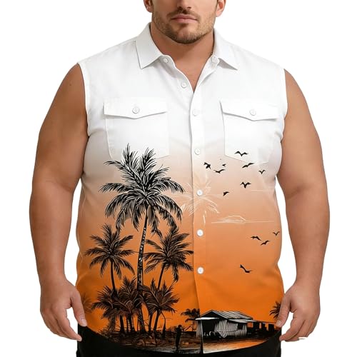 Camisa de Playa Hombre Sin Mangas con Estampado Degradado y Bolsillos Frontales para Comodidad Diaria y Ajuste Relajado (Orange, XXL) c23