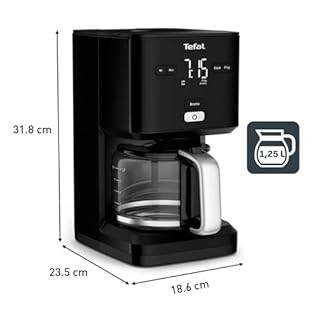 Tefal Cafetière filtre, 10 à 15 Tasses, 1.25 L, Filtre, Programmable 24h, Arrêt Automatique, Ecran numérique, Système anti-goutte, Smart'n Light, Noir, CM600810
