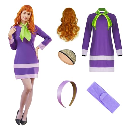 AYYOHON Velma Costume Women Daphne Dress Brown Bob Wig Glasses Pullover Skirt Set Purple Mini Dress Halloween Cosplay Suit M
