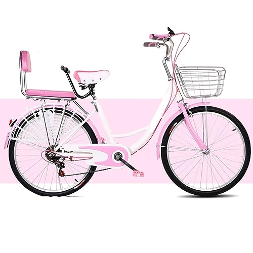 Women Cruiser Bike,Adult Beach Cruiser Bike Mens and Womens Lightweight Bikes with Basket,6-Speed Shifter,Thickened Back Seat Cushion,Suitable for Commuting,Socializing,Hiking,And Vacation.(Color:Pink