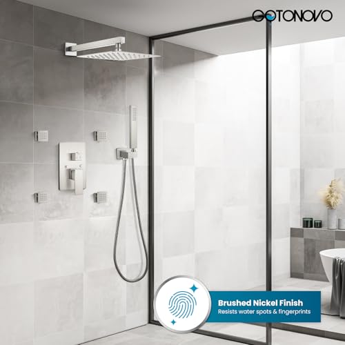 gotonovo Shower Faucet with Full Body Jets Rain Mixer 12 inch Rainfall Shower Head and Handheld Spray Combo Wall Mounted Rough-in Valve and Trim Included with 4pcs Body Message Jets Brushed Nickel - Thumbnail 3