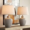 Regency Hill Glenn Rustic Country Cottage Style Table Lamps 27" Tall Set of 2 Southwest Urn Neutral Fabric Drum Shade Decor for Living Room Bedroom House Bedside Nightstand Home Office