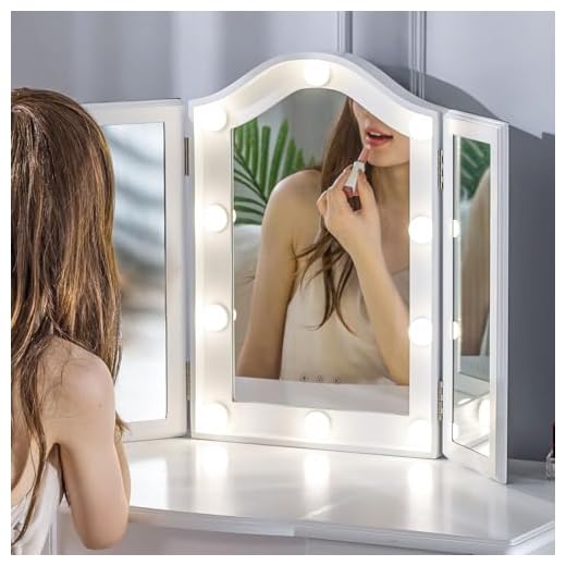 LUXFURNI Vanity Lighted Tri-fold Makeup Mirror with 10 Dimmable LED Blubs, Touch Control Lights Tabletop Hollywood Cosmetic Mirror