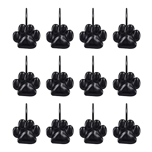 Sunlit Fashion Design Cute Paw Print Polished Shower Curtain Hooks for Dog Cat and Bear Rust Proof Oil Metal Shower Curtain Rings Black-12 Pack