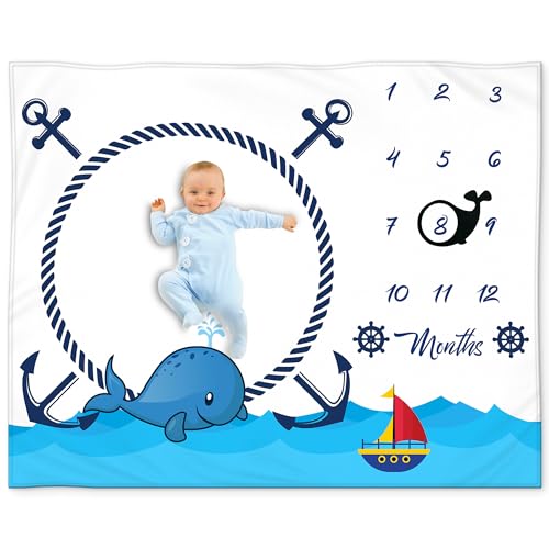 Image of Nautical Baby Milestone Blanket – Monthly Whale and Anchor Growth Blanket – Soft Fleece Ocean Theme Baby Photo Prop – Perfect and Nursery Décor, 50x40 Inches