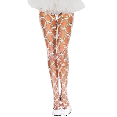 RSLOVE Sexy High Waist Tights Fishnet Stockings for Womens Patterned Thigh High Suspenders Pantyhose One Size One Size White
