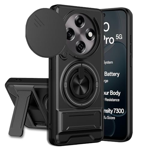 Image of Oppo F31 Pro 5G Back Cover | Armor Camera Slider 360 Degree Rotating Finger Ring Holder Case with Bracket Stand Back Case Cover (Compatible with MagSafe Accessories) (Black)