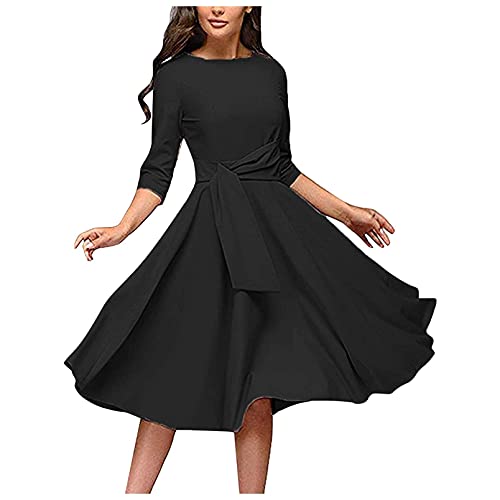 OutTop01 Vintage A-Line Dress for Women Half Sleeve O-Neck Elegant Solid Dress Casual Party Cocktail Swing Dresses with Belt (Black, M)