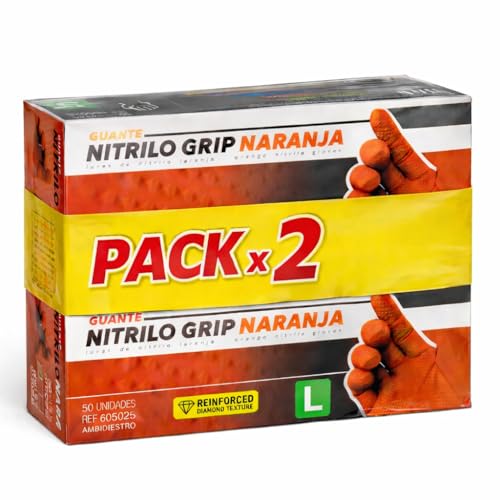 (Pack de 100) Guantes de Nitrilo Diamantados Naranja Talla L (Sin Latex y de Doble Grosor) - Guante Para Mecánica - Nitrile Gloves - Guantes Nitrilo - Guantes Trabajo Hombre - Luvas Descartaveis