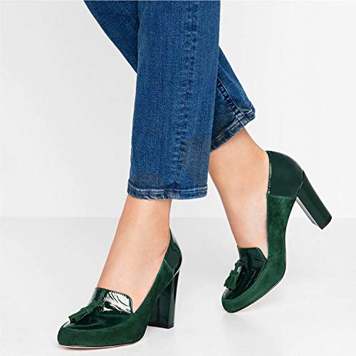 LEHOOR Women Chunky Block High Heel Fringed Pumps Round Toe, Slip On Dress Loafers with Tassel Suede Patent Leather Patchwork for Ladies Girls Office 4-15 M US3