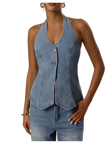SweatyRocks Women's Denim Top Halter Neck Backless Jean Vest Tops Button Up Waistcoat