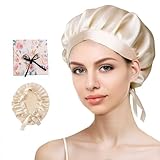 Seidenhaube zum Schlafen – 100% Maulbeerseide Schlafmütze, Verstellbare & Atmungsaktive Schlafhaube Seide, Silk Bonnet für Damen, Rutschfest & Pflegeleicht (Cremefarben)