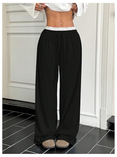 OYOANGLE Women's Lace Trim Wide Leg Sweatpants Drawstring Elastic Waist Loose Baggy Joggers with Pockets4