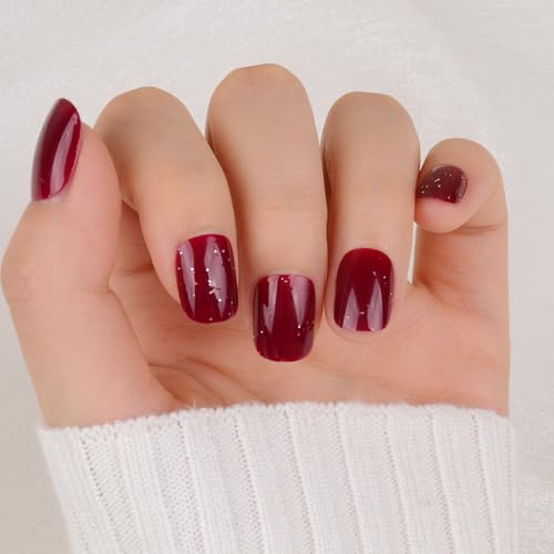 24 pcs False Nails Short Square Glitter Wine Red Press on Nails Stick on Fake Nail with Double-Side Adhesive Full Cover Nails Nail Art Design for Women Girls