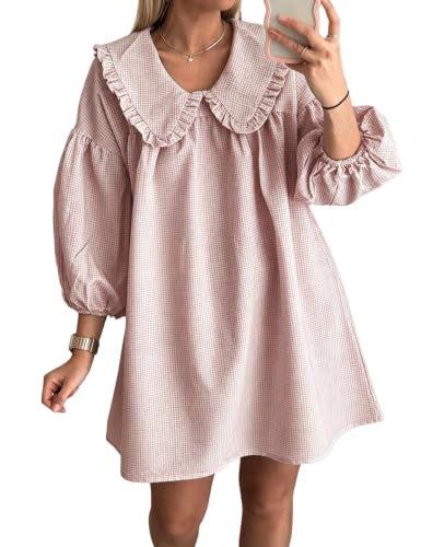 Image of Ynhonra Women's Gingham Mini Dress 3 /4 Puff Sleeve Babydoll Doll Collar