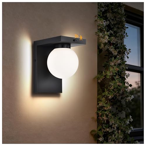 LED Outdoor Wall Lights, Frosted Glass Globe Shade Motion and Photocell Sensor Modern Sconce, 12 Watt 3000 Kelvin Waterproof Porch Wall Light for Patio, Front Door, Garage, Hardwired, 1 Pack, Black