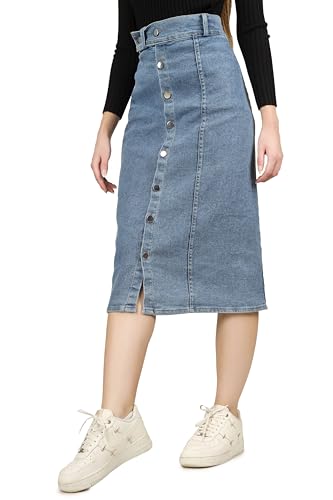 Image of Straight Stylish Comfortable Long Two Button Up Slit Dobby Denim Skirt for Women & Girls