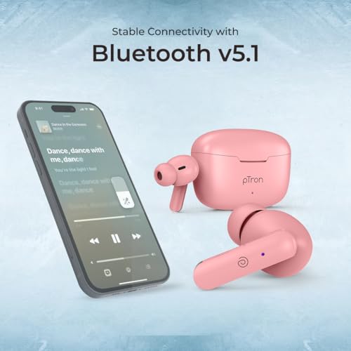 Image of pTron Basspods P81 in-Ear Wireless Earbuds, Pristine Sound, 32Hrs Playtime, Clear Calls TWS Earbuds, Bluetooth V5.1 Headphone, Type-C Fast Charging, Voice Assist & IPX4 Water Resistant (Pink)
