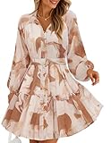 ZESICA Womens Floral Long Sleeve Mini Dress Spring Button Chiffon A Line Swing Short Wedding Guest Holiday Party Dresses Brown Medium